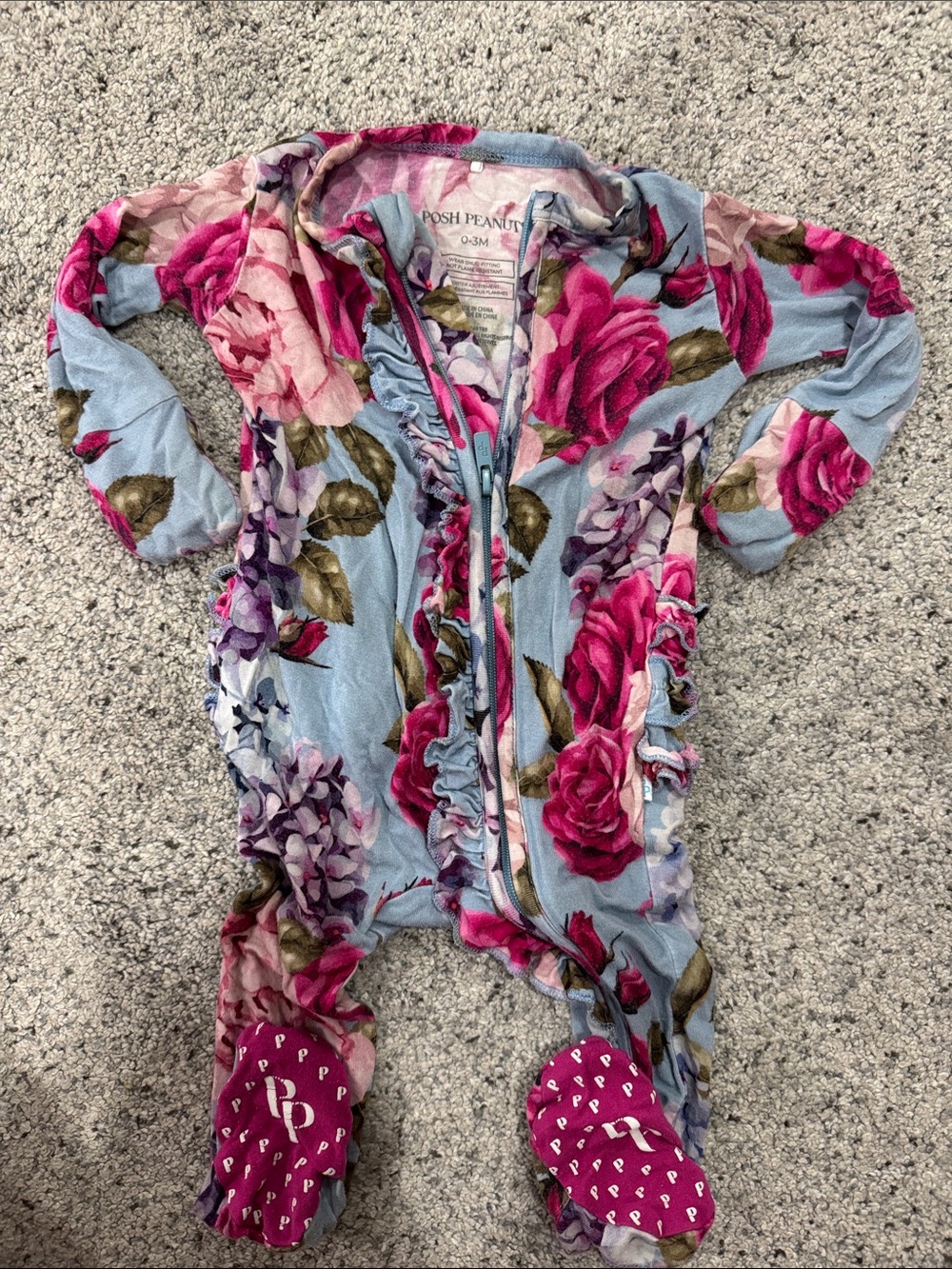 Posh Peanut Baby Floral Zip-Up Romper in Light Blue and Pink